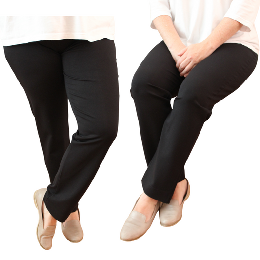 Women's Ponte Pants Straight Leg Stretch Elastic Waist Knit Warm Winter Ladies - Black-0