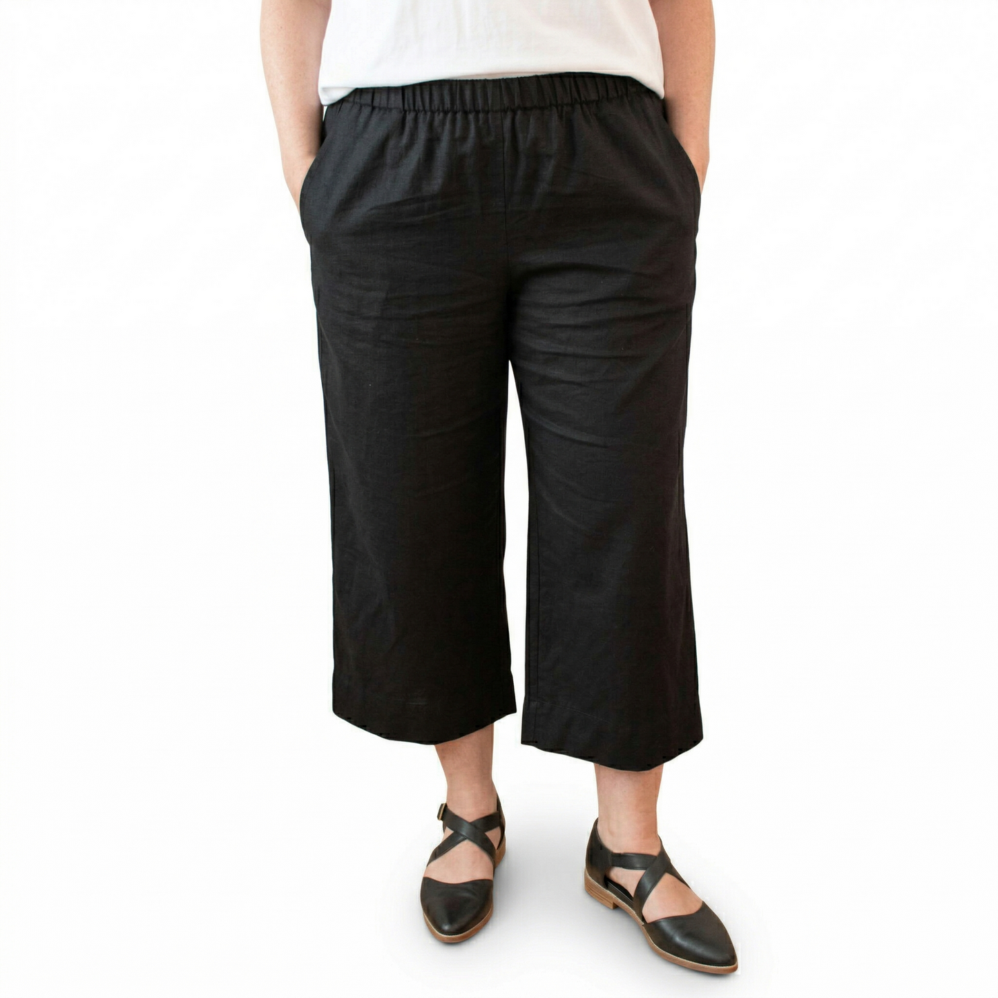 Idyl Womens Linen/Cotton Crop Wide Leg Pants Trousers Ladies Capri - Black
