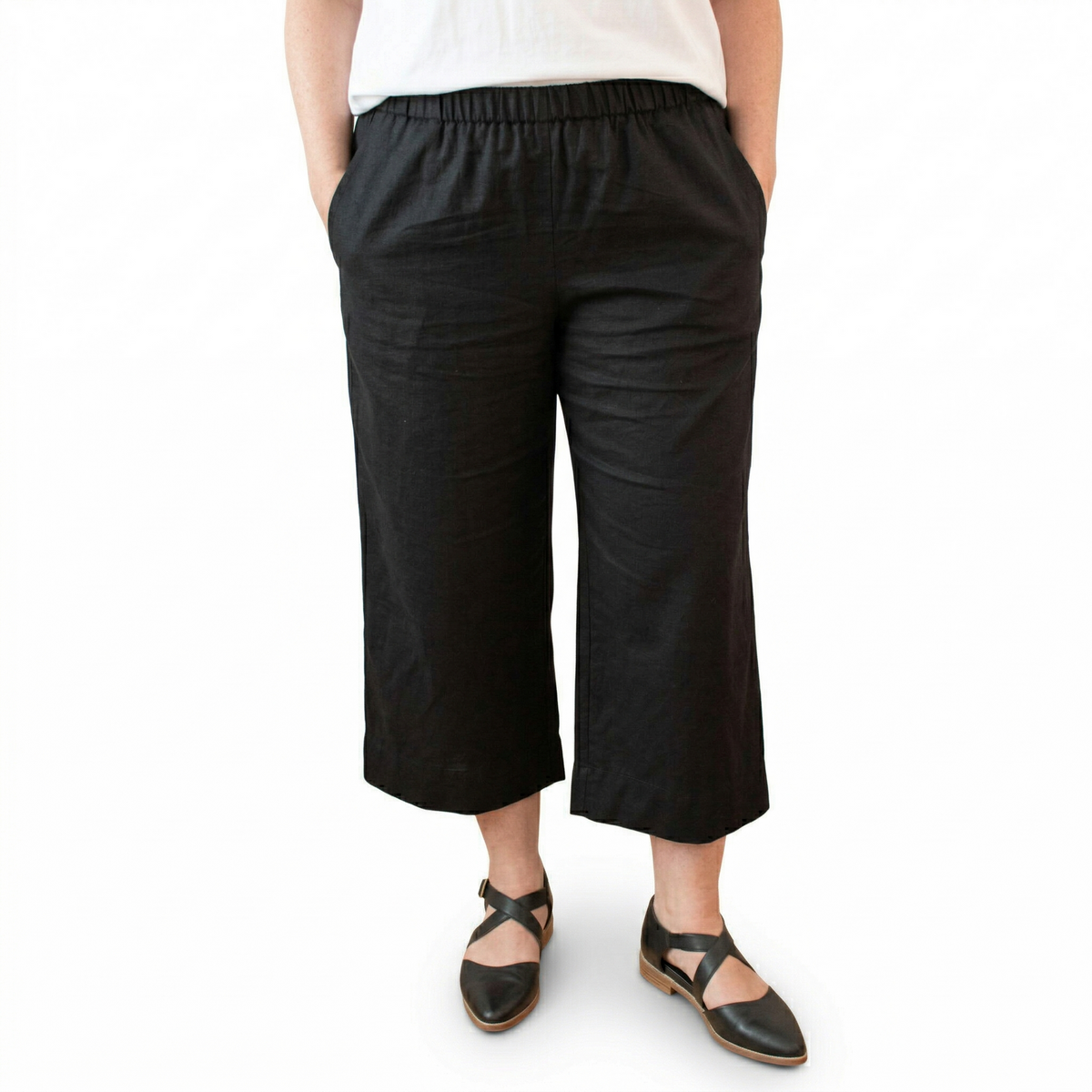 Idyl Womens Linen/Cotton Crop Wide Leg Pants Trousers Ladies Capri - Black