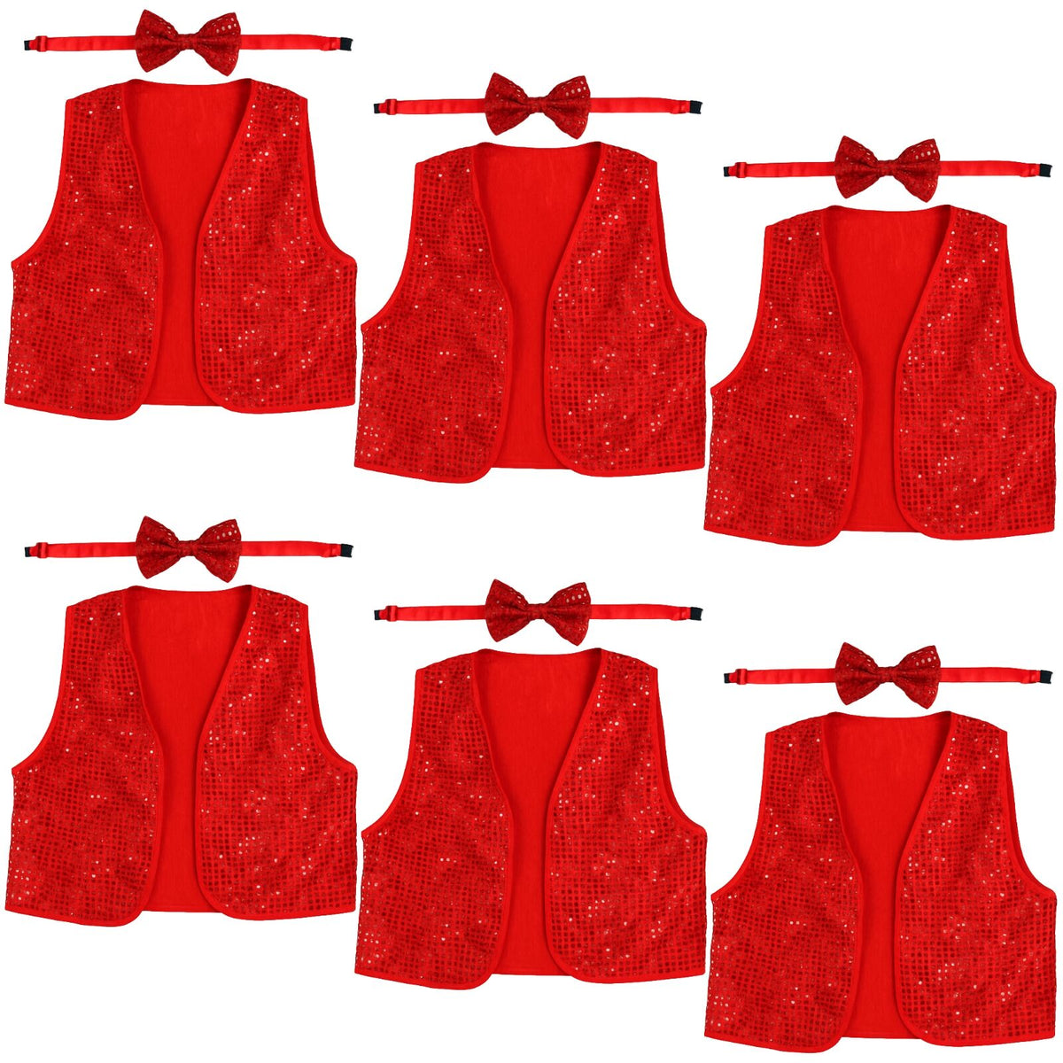6x Kids Sequin Vest Bow Tie Set Costume 80s Party Dress Up Waistcoat - Red
