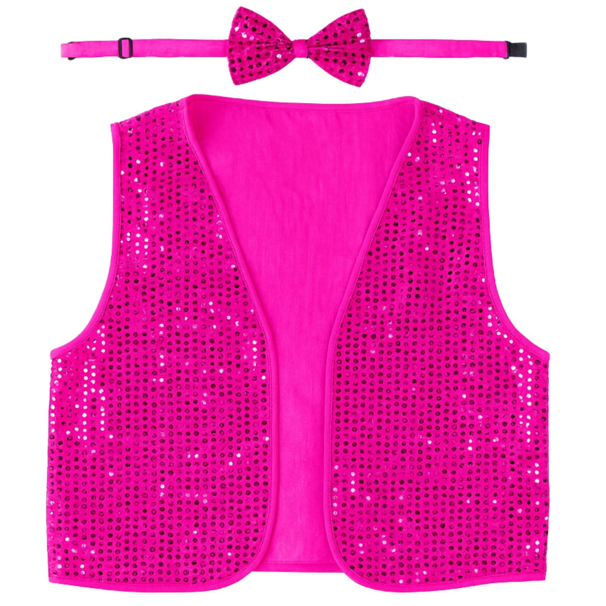 6x Kids Sequin Vest Bow Tie Set Costume 80s Party Dress Up Waistcoat - Hot Pink