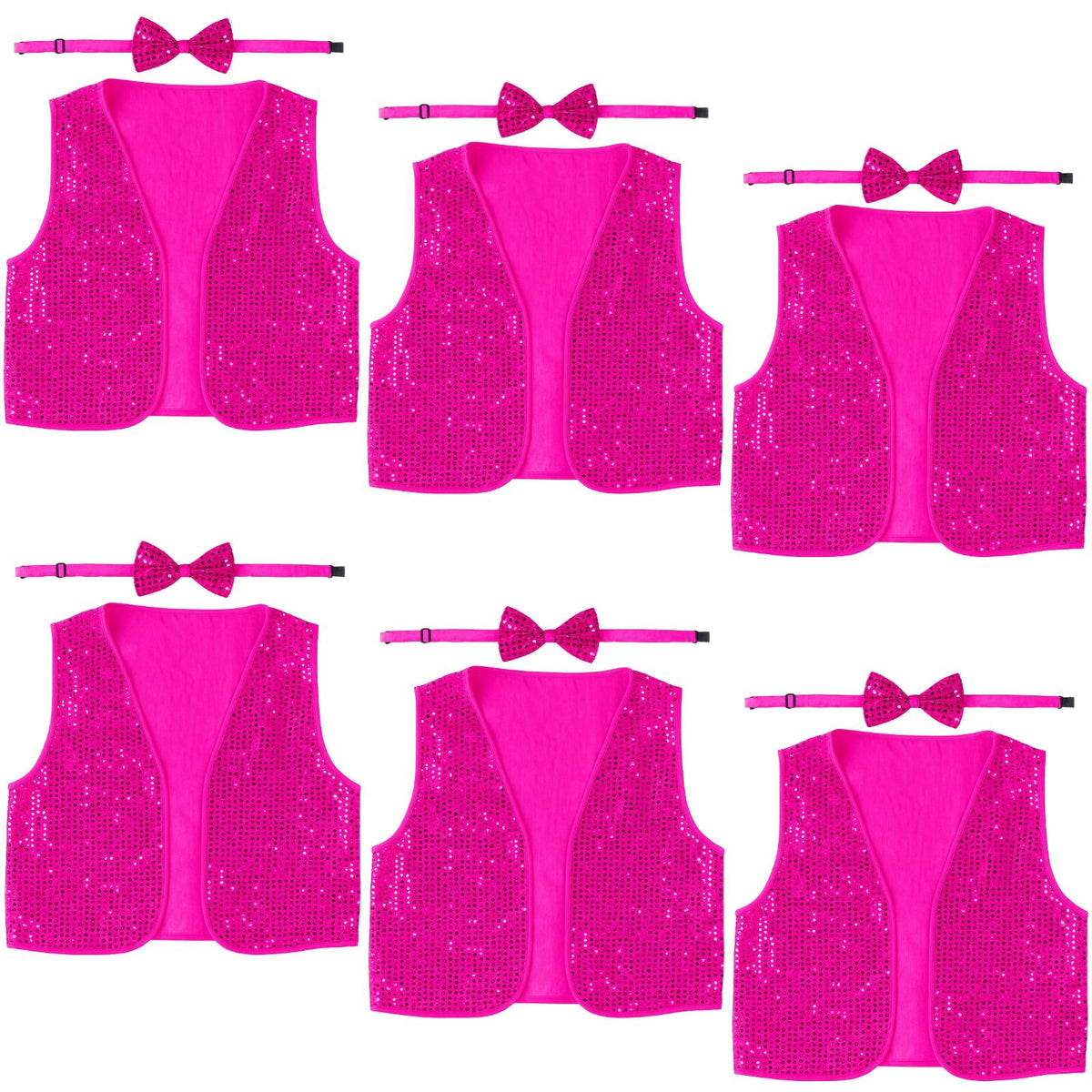 6x Kids Sequin Vest Bow Tie Set Costume 80s Party Dress Up Waistcoat - Hot Pink