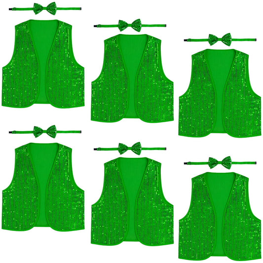 6x Kids Sequin Vest Bow Tie Set Costume 80s Party Dress Up Waistcoat - Green