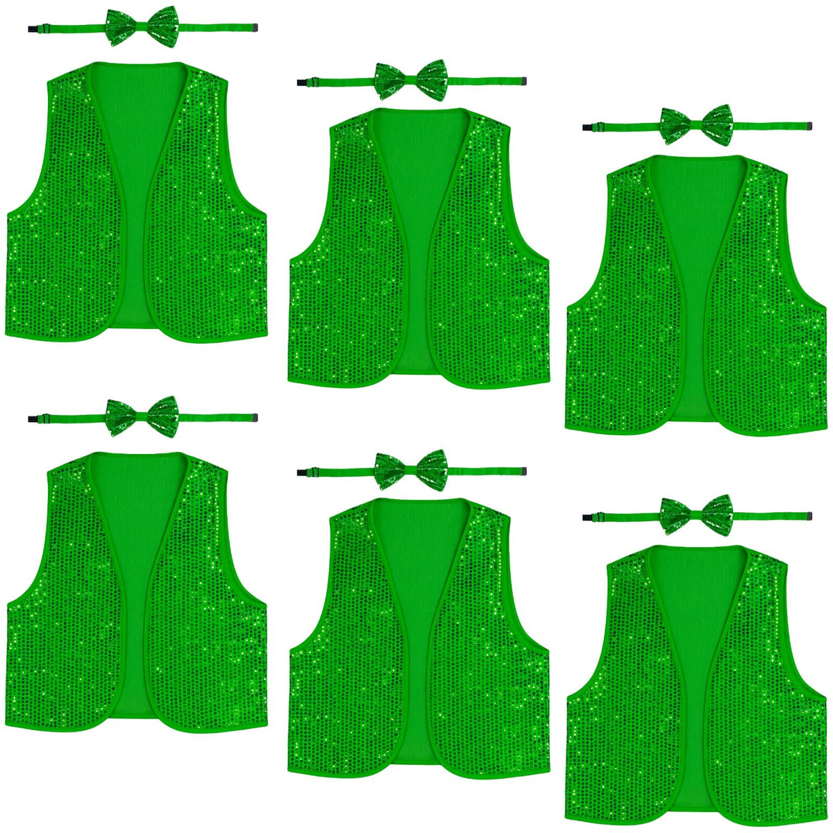 6x Kids Sequin Vest Bow Tie Set Costume 80s Party Dress Up Waistcoat - Green