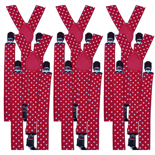 6x Mens Suspenders Braces Adjustable Strong Clip On Elastic Formal Wedding BULK - Red with White Polka Dot-0