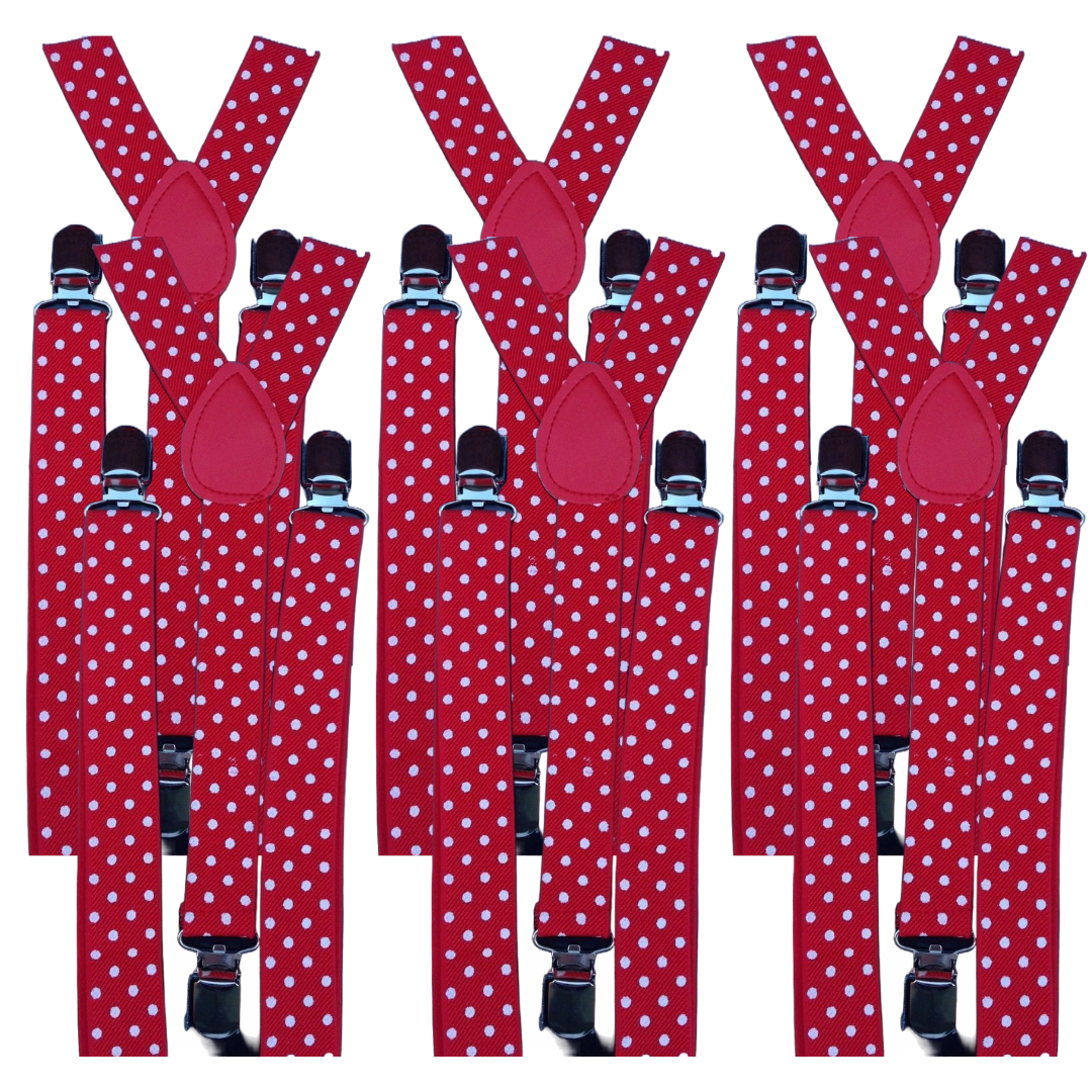 6x Mens Suspenders Braces Adjustable Strong Clip On Elastic Formal Wedding BULK - Red with White Polka Dot-4