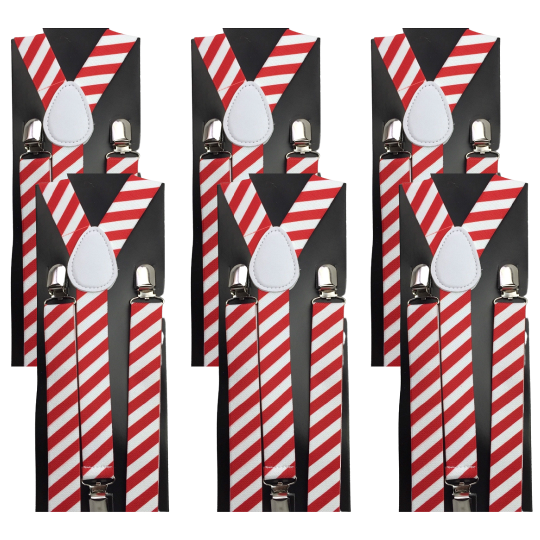 6x Mens Suspenders Braces Adjustable Strong Clip On Elastic Formal Wedding BULK - Red/White Diagonal Stripes-4