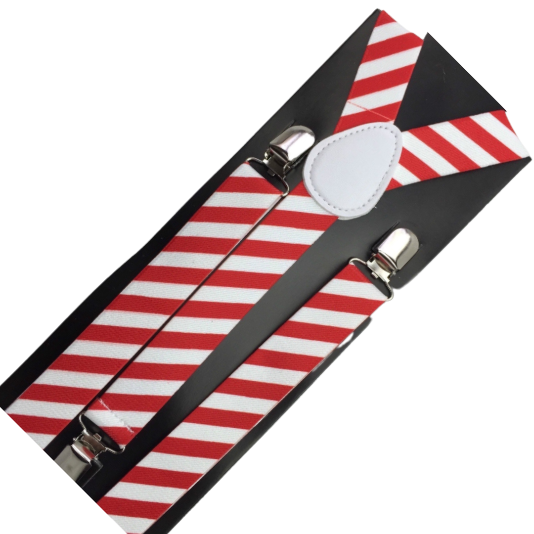 6x Mens Suspenders Braces Adjustable Strong Clip On Elastic Formal Wedding BULK - Red/White Diagonal Stripes-2