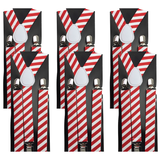 6x Mens Suspenders Braces Adjustable Strong Clip On Elastic Formal Wedding BULK - Red/White Diagonal Stripes-0