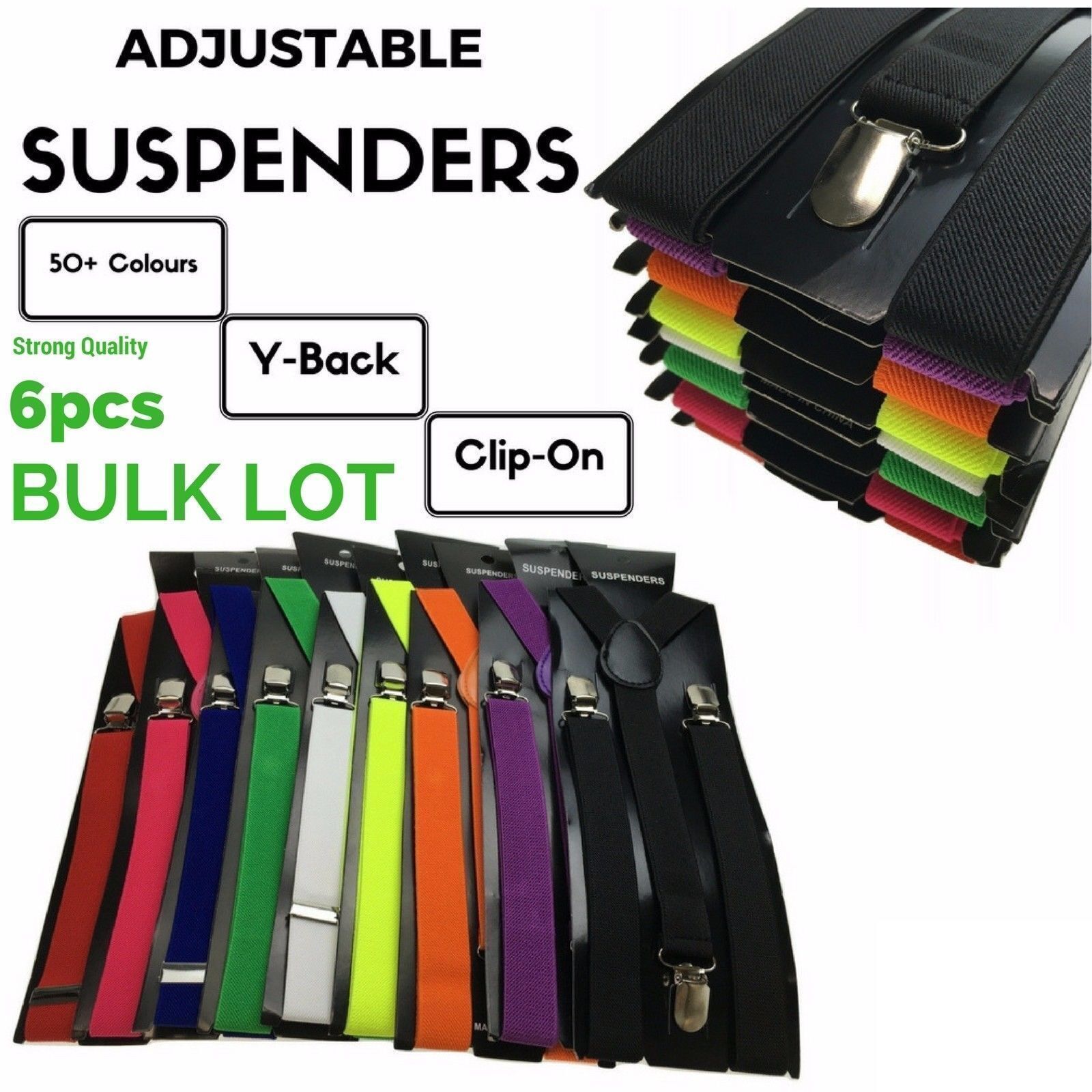 6x Mens Suspenders Braces Adjustable Strong Clip On Elastic Formal Wedding BULK - Assorted Colour Pack-3