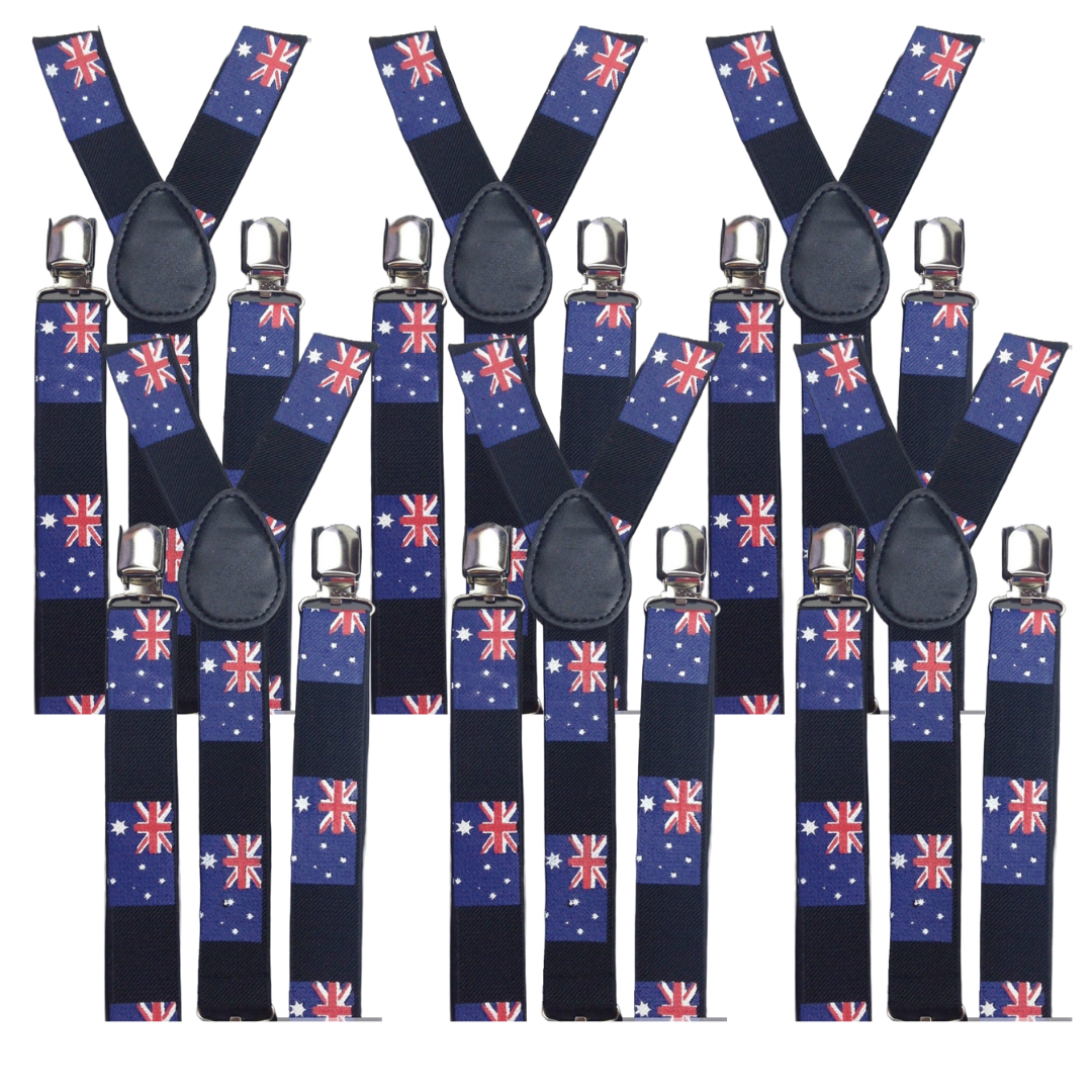 6x Mens Australia Flag Slim Suspenders Bulk Pack - Strong Adjustable Clip On Braces for Party/Formals-0