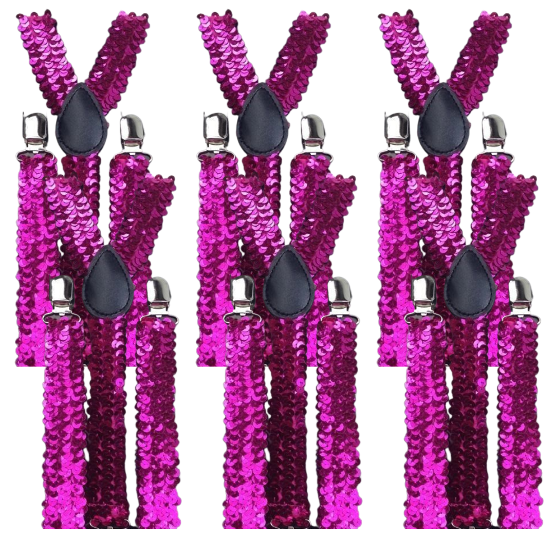 6x Mens Suspenders Braces Adjustable Strong Clip On Elastic Formal Wedding BULK - Hot Pink (Sequin)-4