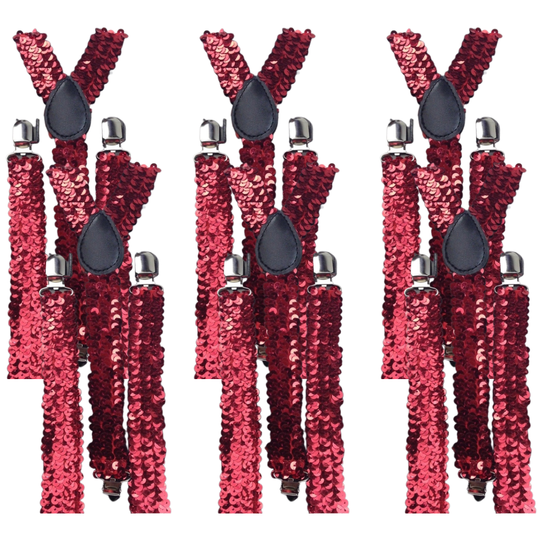 6x Mens Suspenders Braces Adjustable Strong Clip On Elastic Formal Wedding BULK - Red (Sequin)-0