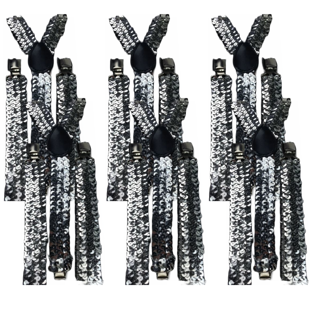 6x Mens Suspenders Braces Adjustable Strong Clip On Elastic Formal Wedding BULK - Silver (Sequin)-0