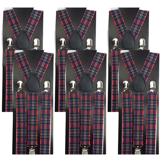 6x Mens Suspenders Braces Adjustable Strong Clip On Elastic Formal Wedding BULK - Tartan 2-0
