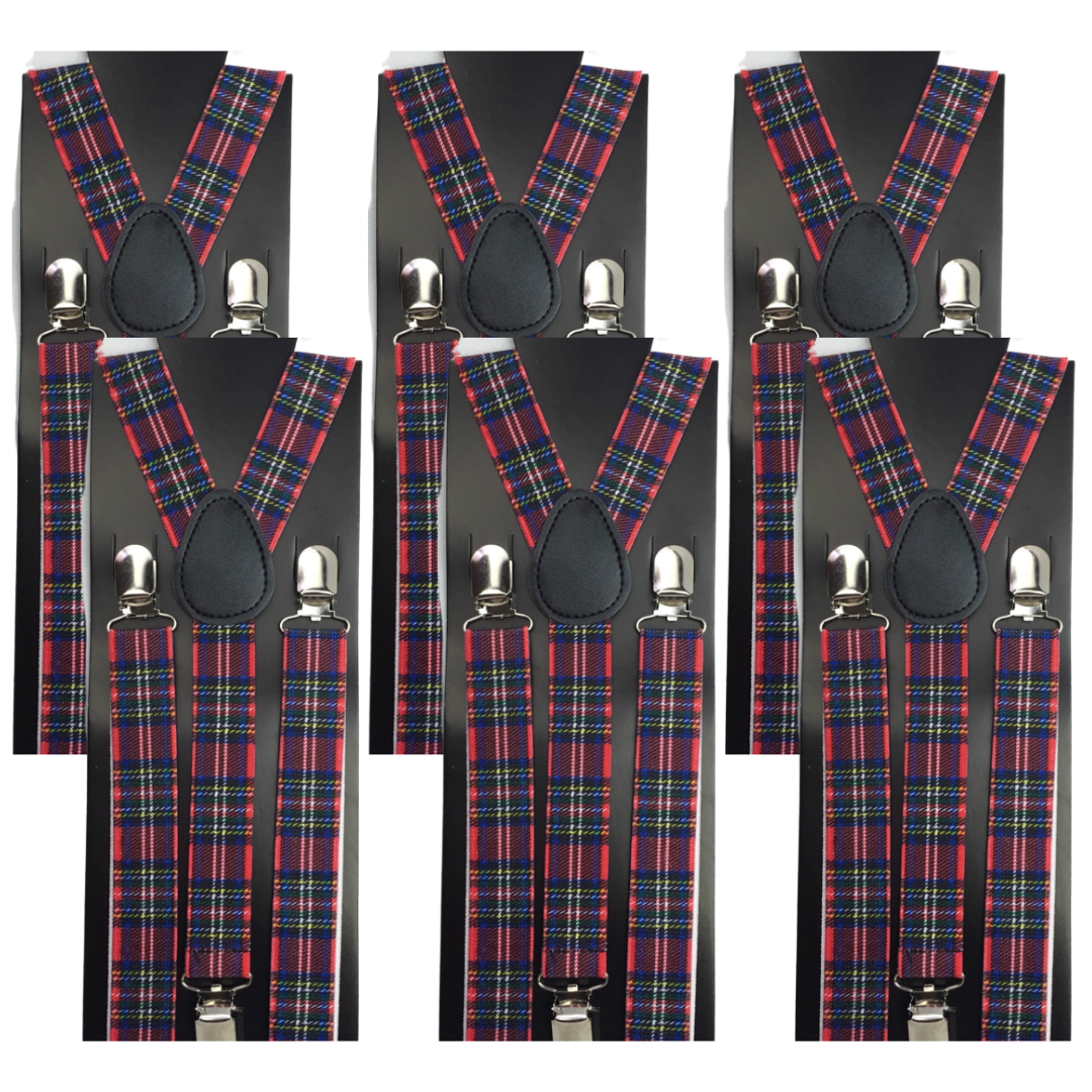 6x Mens Suspenders Braces Adjustable Strong Clip On Elastic Formal Wedding BULK - Tartan 2-1