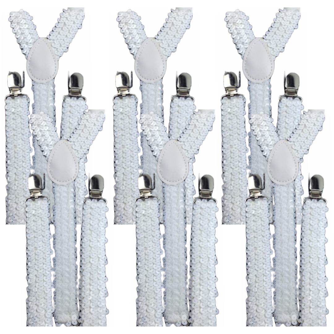 6x White Sequin Suspenders Bulk Pack - Unisex Adjustable Clip On Elastic Y-Back Braces-1