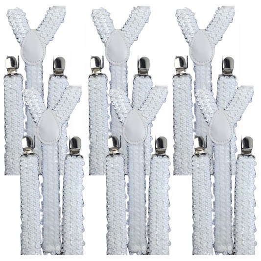 6x White Sequin Suspenders Bulk Pack - Unisex Adjustable Clip On Elastic Y-Back Braces-0