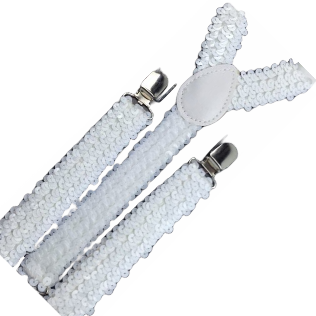 6x White Sequin Suspenders Bulk Pack - Unisex Adjustable Clip On Elastic Y-Back Braces-2