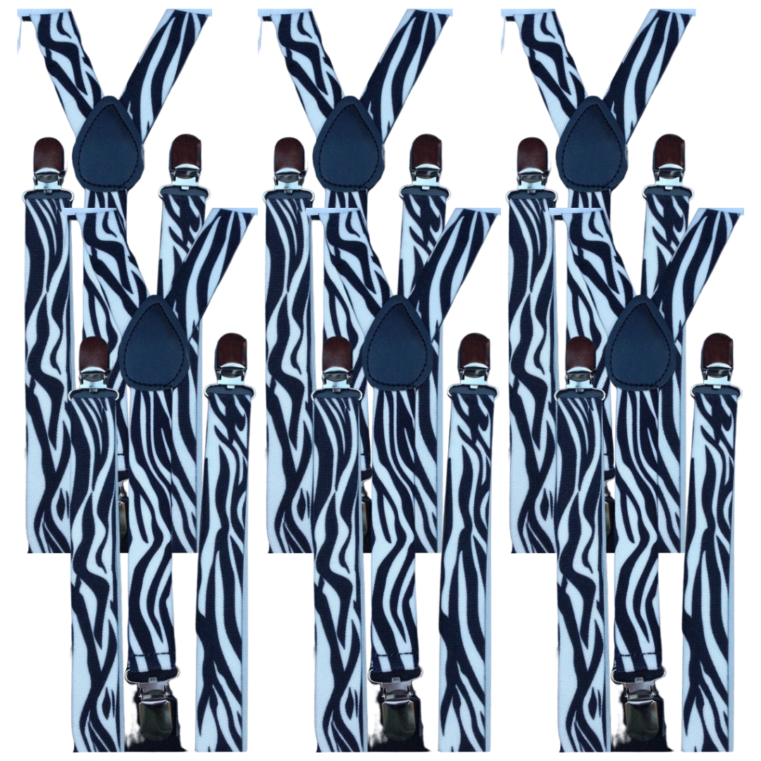 6x Mens Suspenders Braces Adjustable Strong Clip On Elastic Formal Wedding BULK - Zebra-0