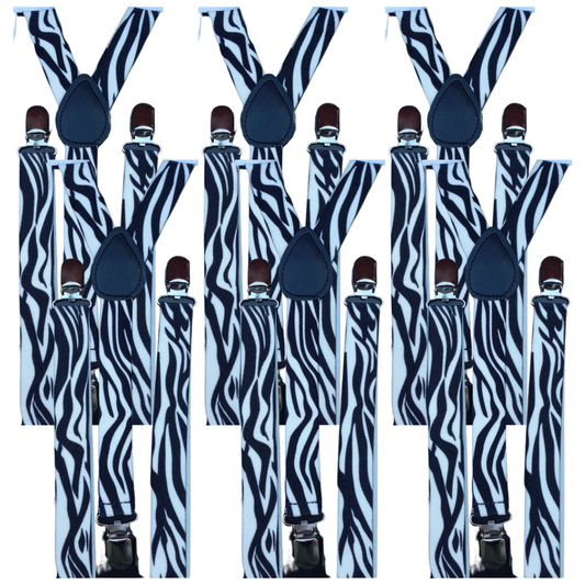 6x Mens Suspenders Braces Adjustable Strong Clip On Elastic Formal Wedding BULK - Zebra-0