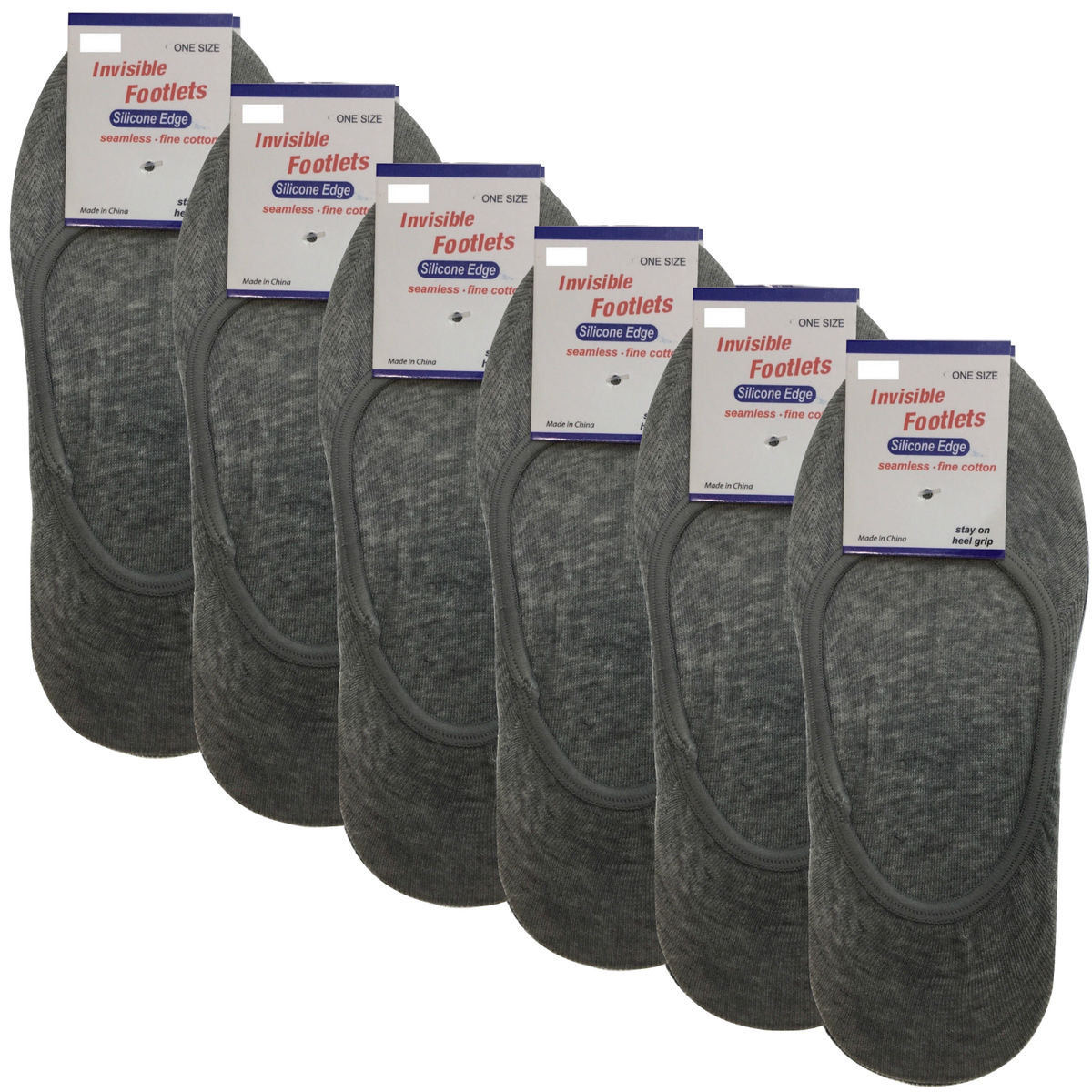 6x NO SHOW COTTON SOCKS Non Slip Heel Grip Low Cut Invisible Footlet Seamless - Grey