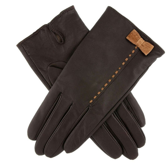 Dents Womens Fern Leather Bow Gloves - Mocca/Chilli-0