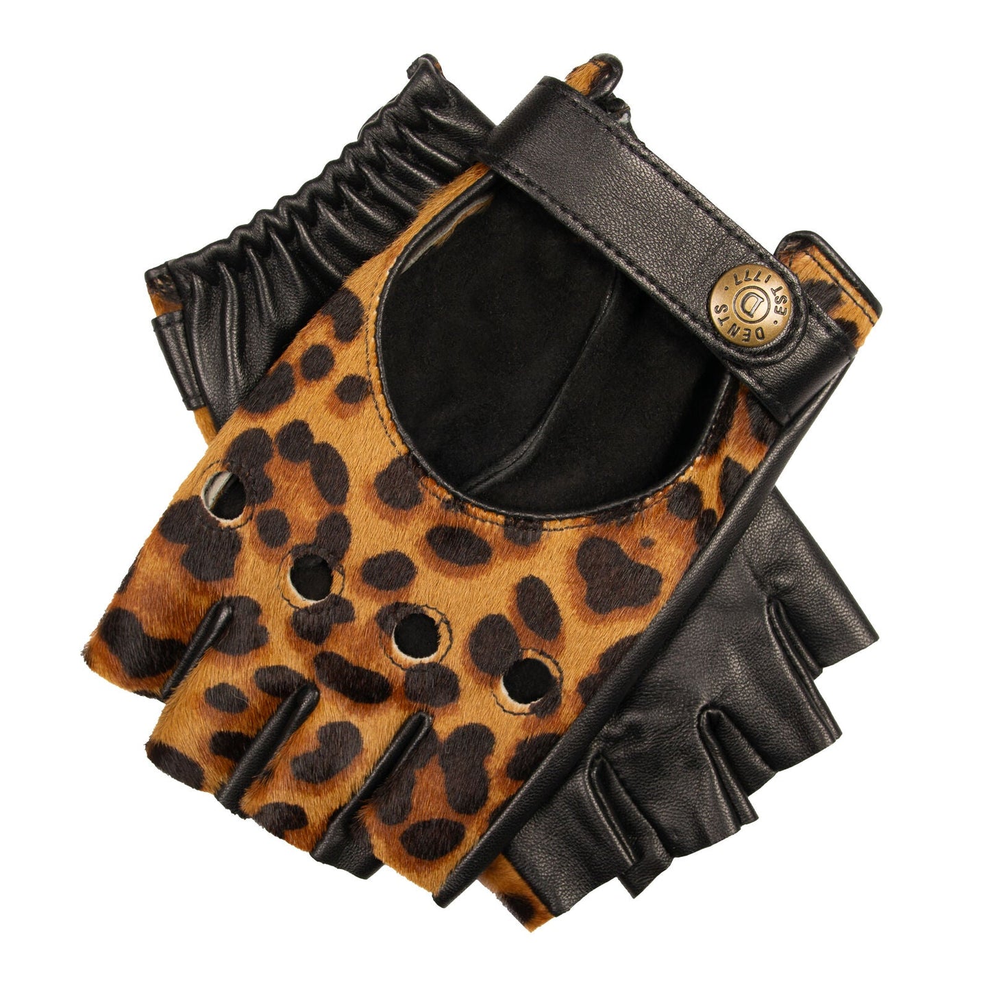Dents Womens Fingerless Leather Driving Gloves in Ponyskin Leopard Print Design