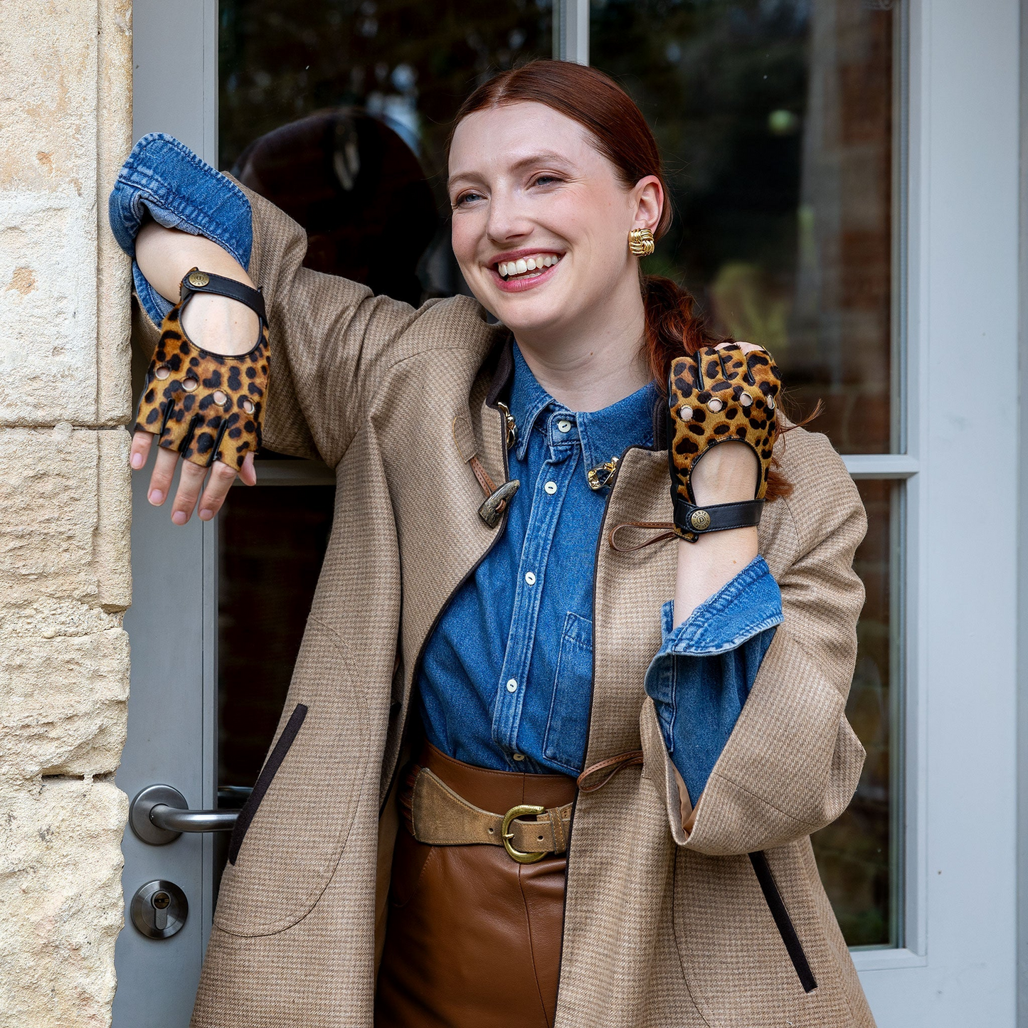 Dents Womens Fingerless Leather Driving Gloves in Ponyskin Leopard Print Design