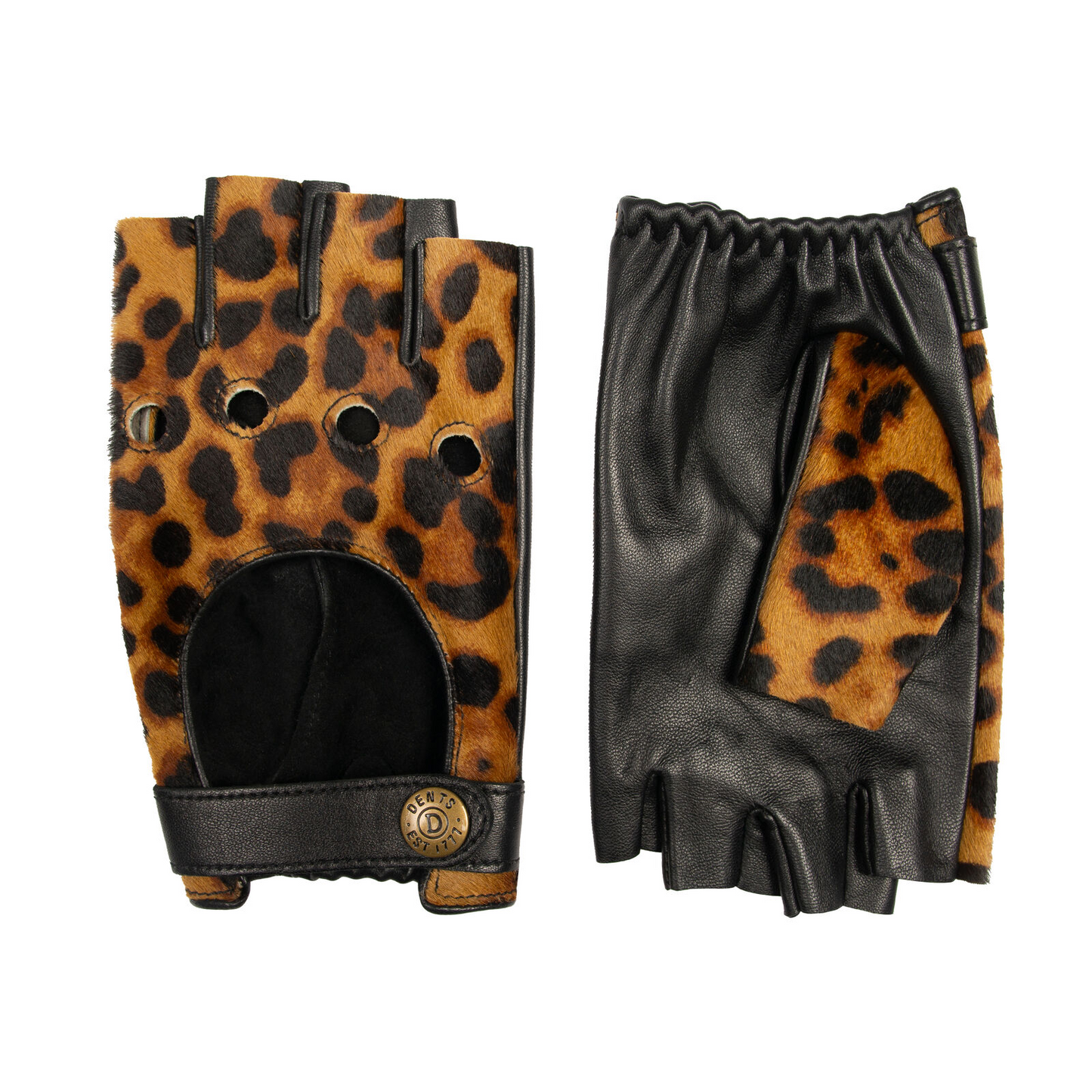 Dents Womens Fingerless Leather Driving Gloves in Ponyskin Leopard Print Design