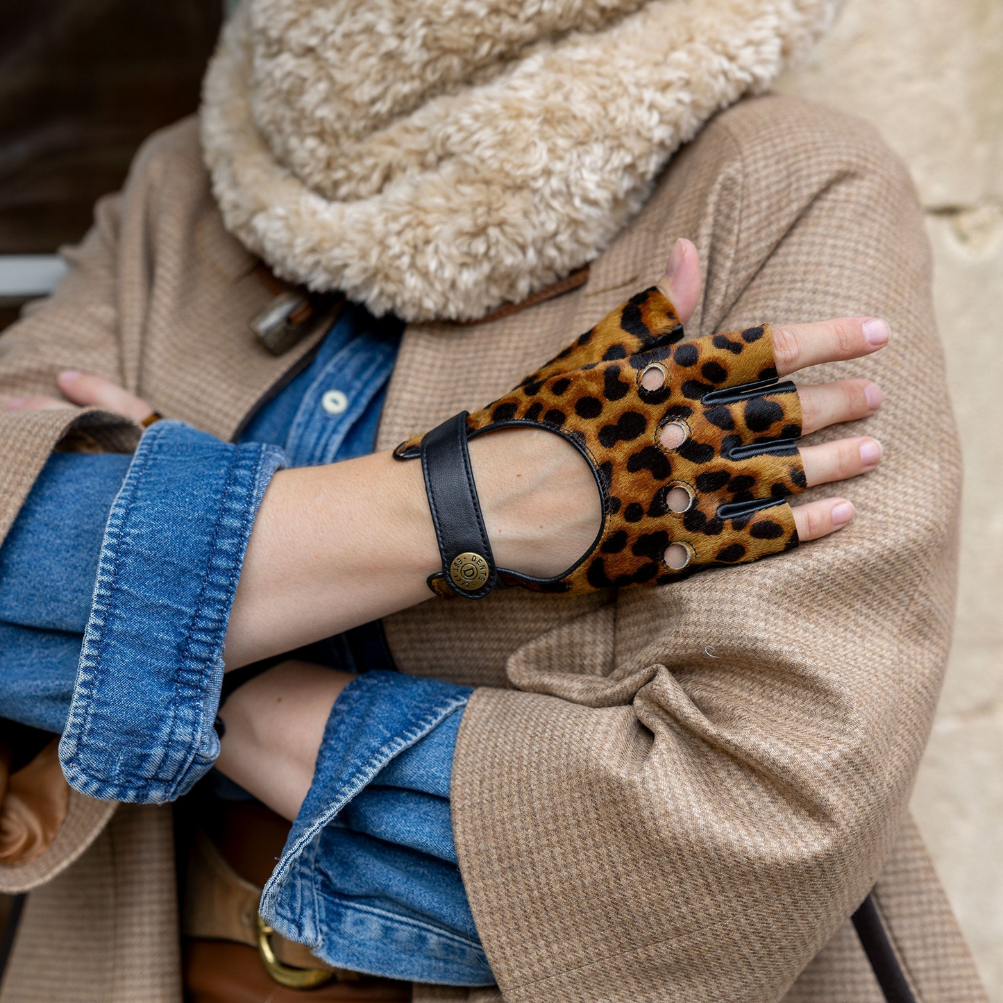 Dents Womens Fingerless Leather Driving Gloves in Ponyskin Leopard Print Design