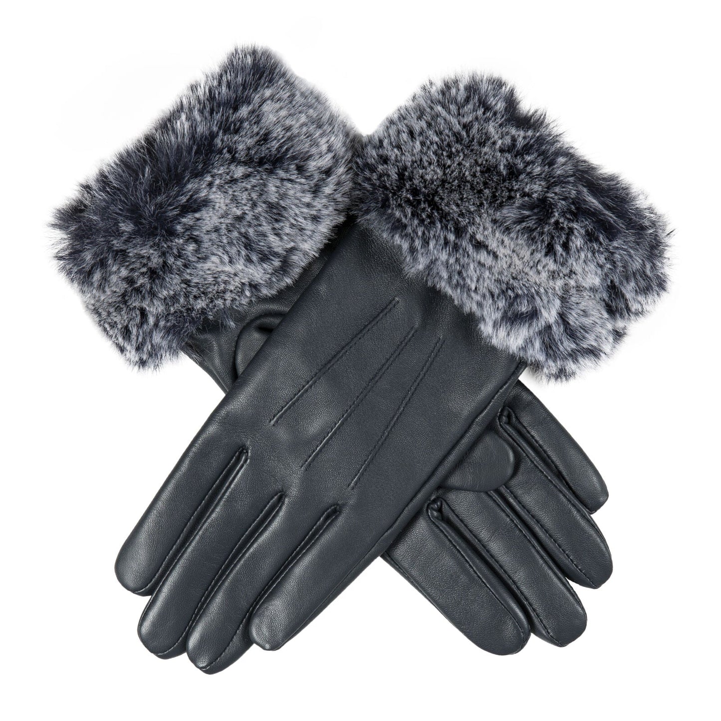 Dents Womens Touchscreen Three-Point Lined Leather Gloves with Faux Fur Cuffs In Navy