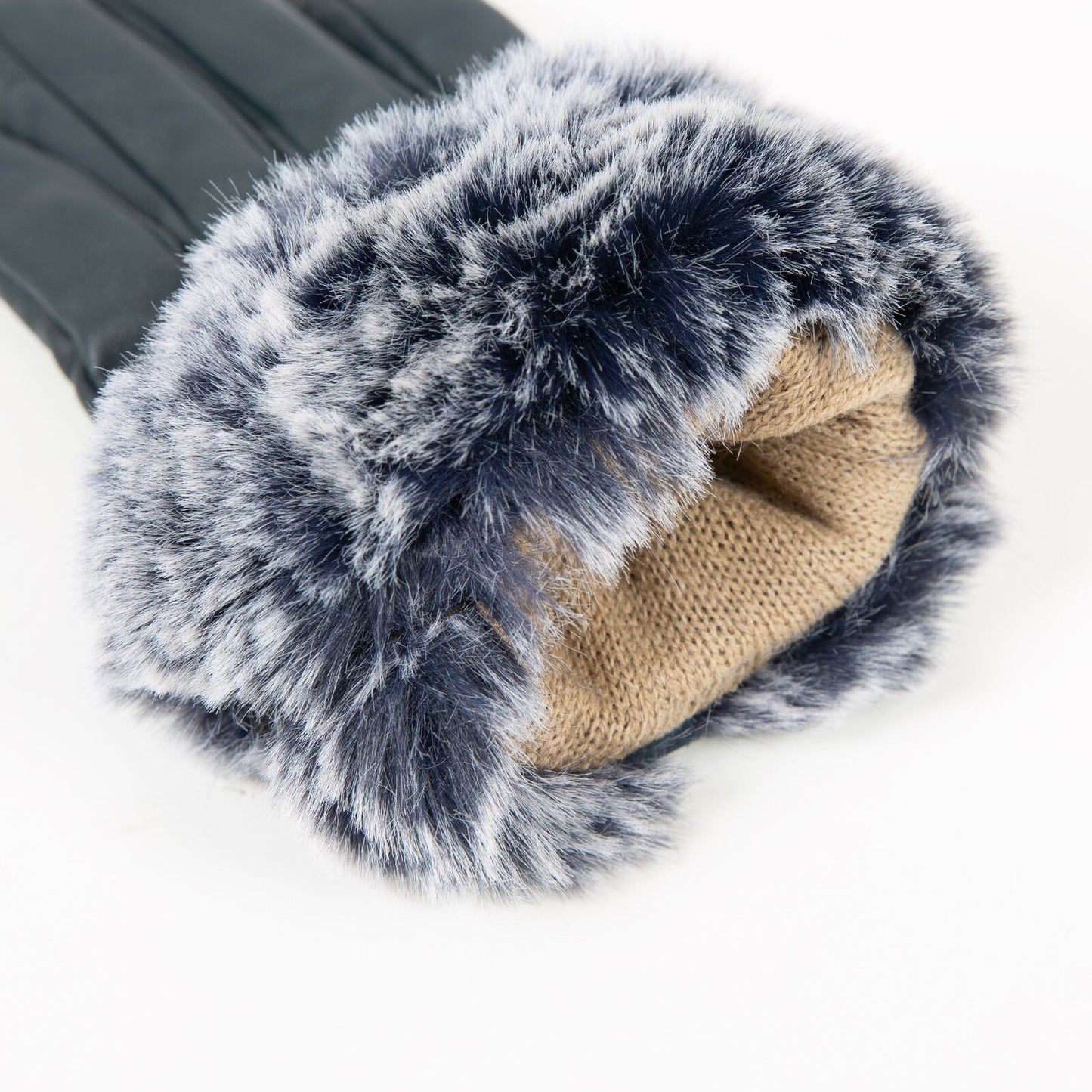 Dents Womens Touchscreen Three-Point Lined Leather Gloves with Faux Fur Cuffs In Navy