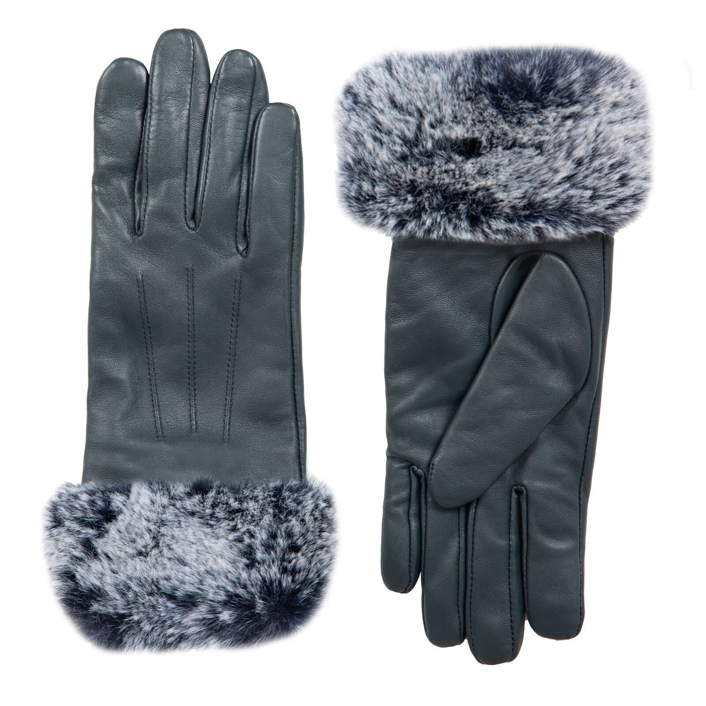 Dents Womens Touchscreen Three-Point Lined Leather Gloves with Faux Fur Cuffs In Navy