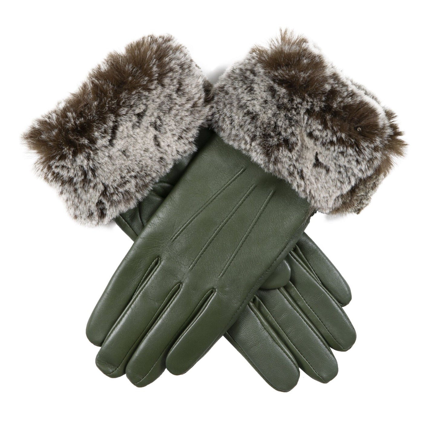 Dents Women’s Touchscreen Three-Point Lined Leather Gloves with Faux Fur Cuffs in Sage