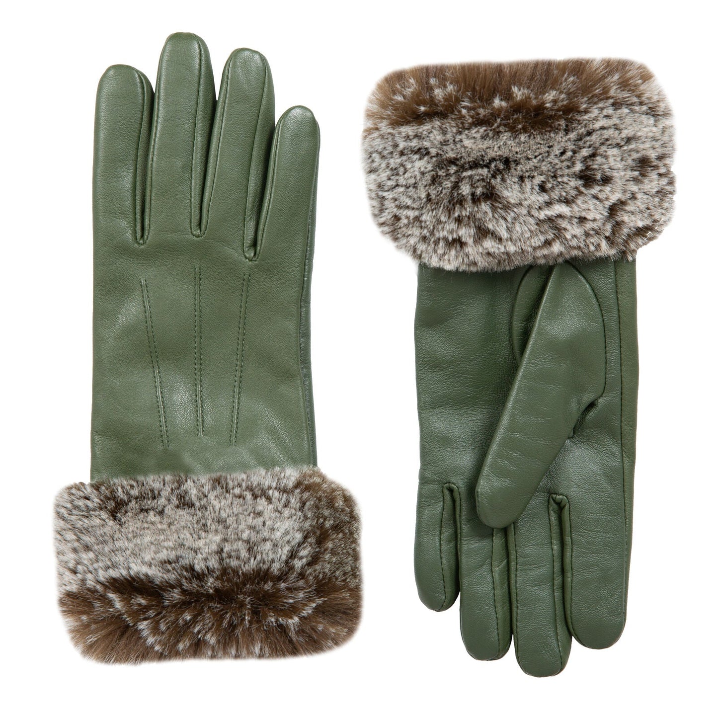 Dents Women’s Touchscreen Three-Point Lined Leather Gloves with Faux Fur Cuffs in Sage