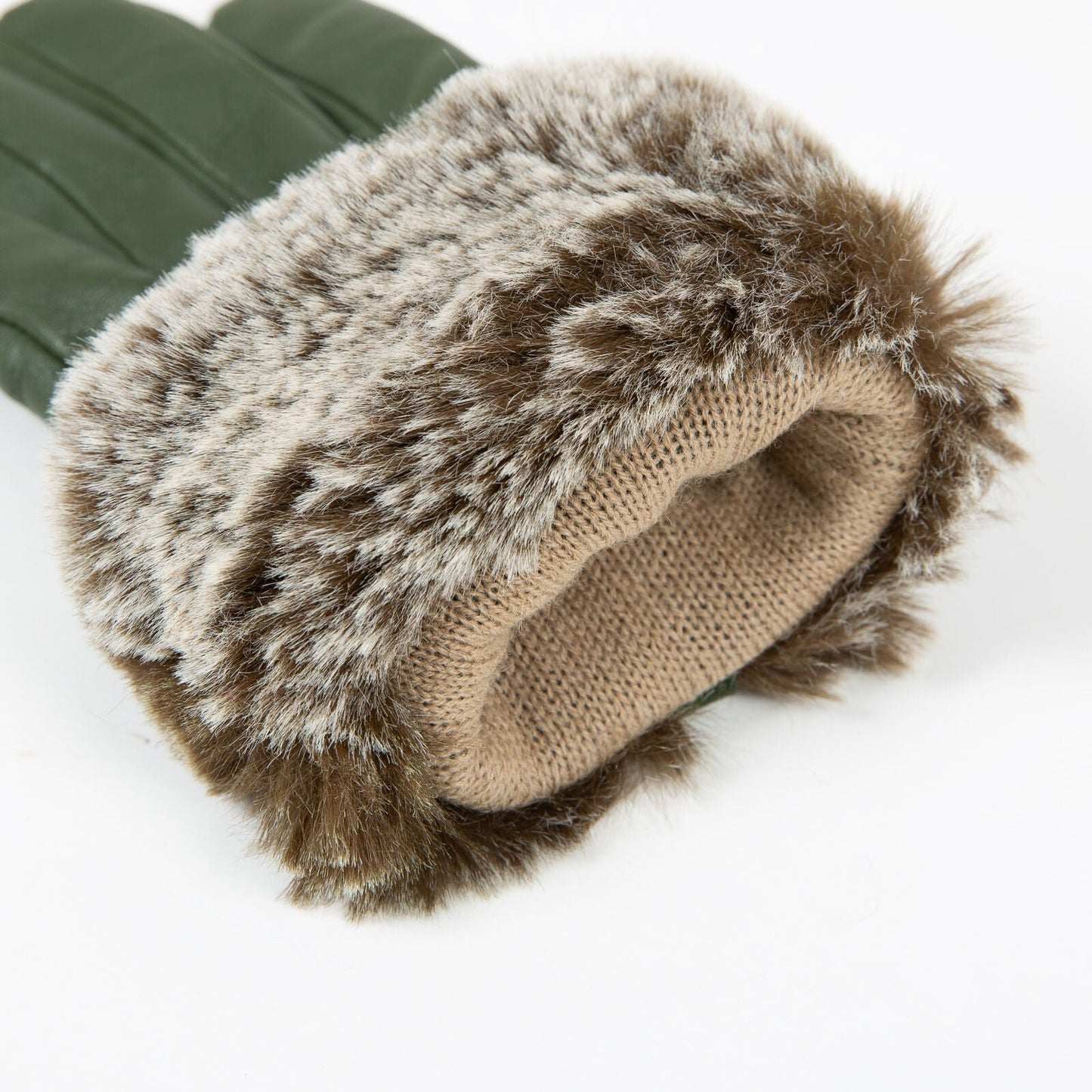Dents Women’s Touchscreen Three-Point Lined Leather Gloves with Faux Fur Cuffs in Sage