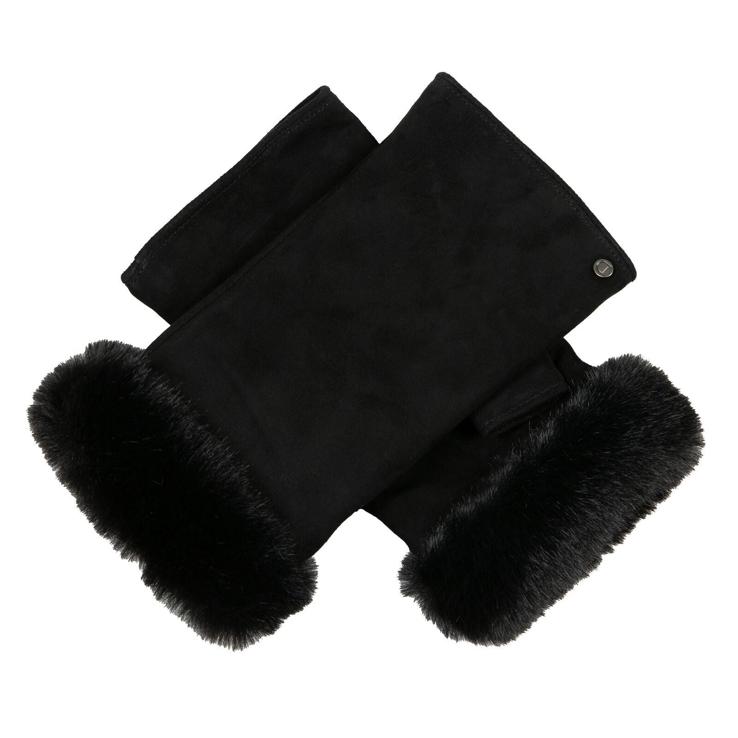 Dents Womens Fingerless Faux Fur-Lined Suede Mitten Gloves w/ Faux Fur Trim in Black