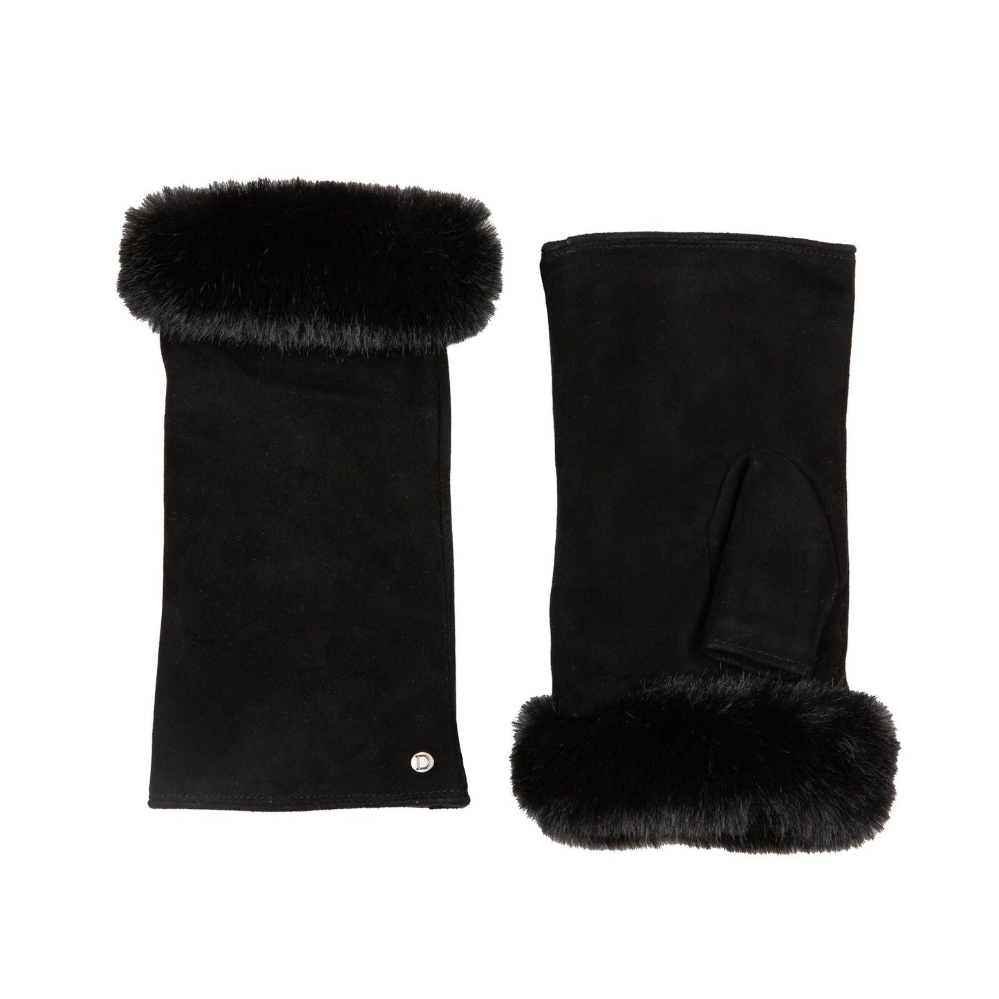 Dents Womens Fingerless Faux Fur-Lined Suede Mitten Gloves w/ Faux Fur Trim in Black