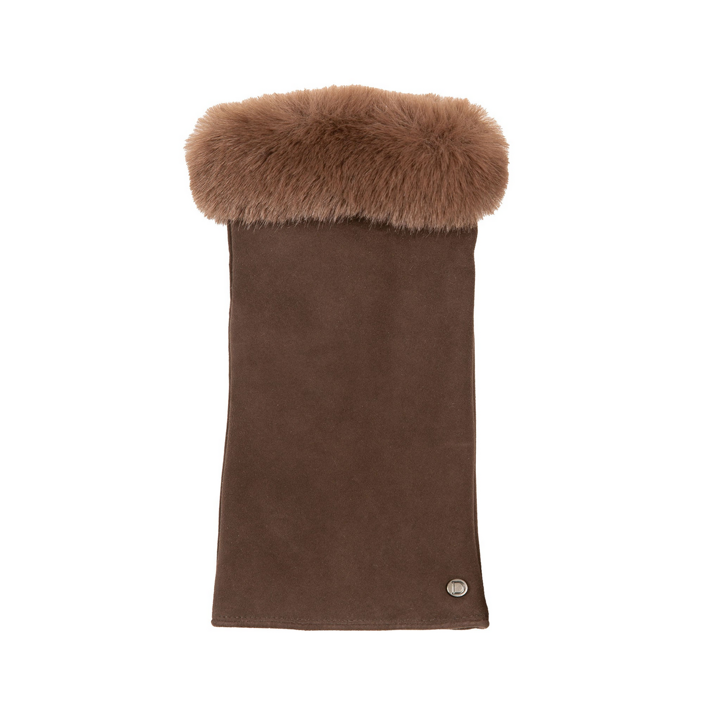 Dents Womens Fingerless Faux Fur-Lined Suede Mitten Gloves w/ Faux Fur Trim in Mocca
