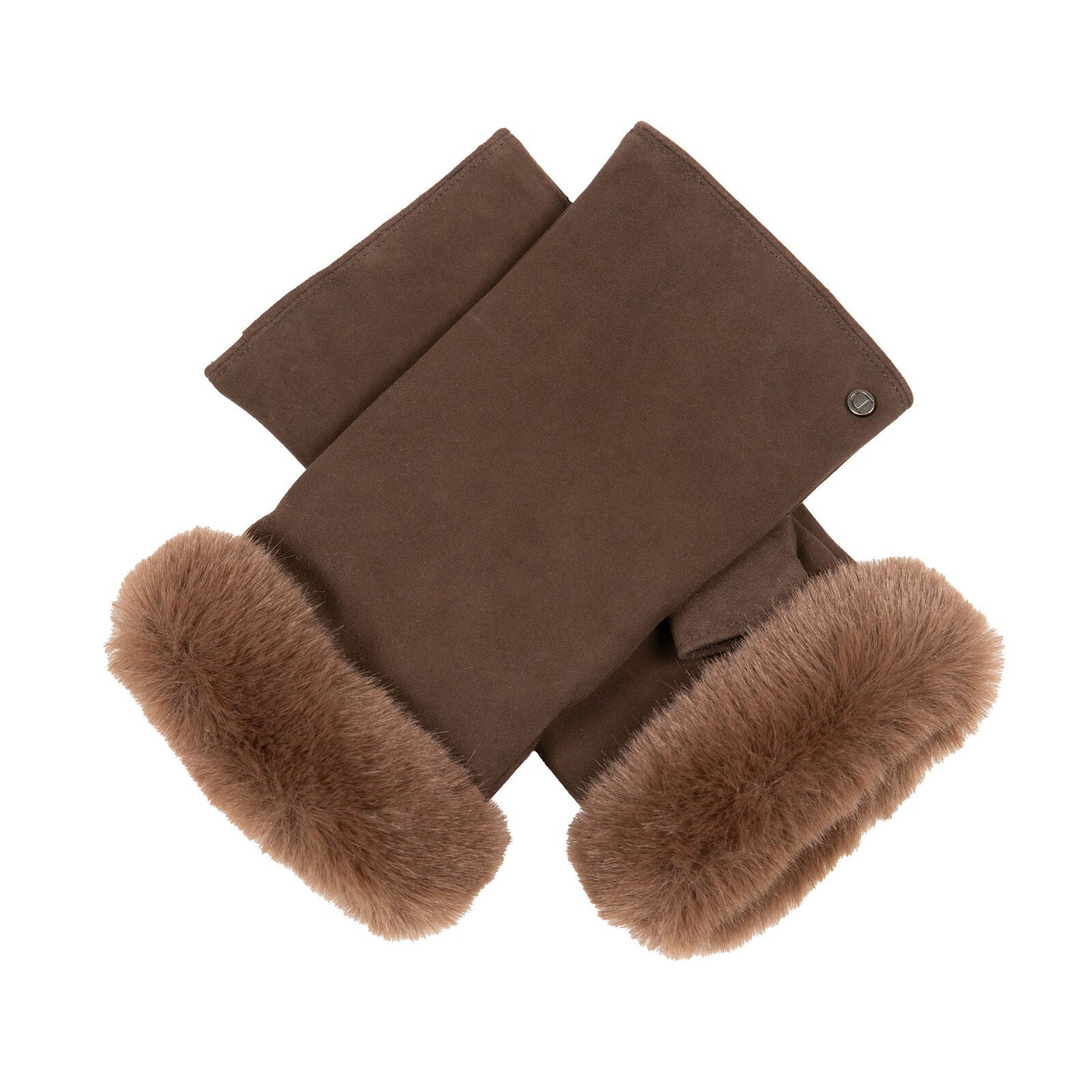 Dents Womens Fingerless Faux Fur-Lined Suede Mitten Gloves w/ Faux Fur Trim in Mocca