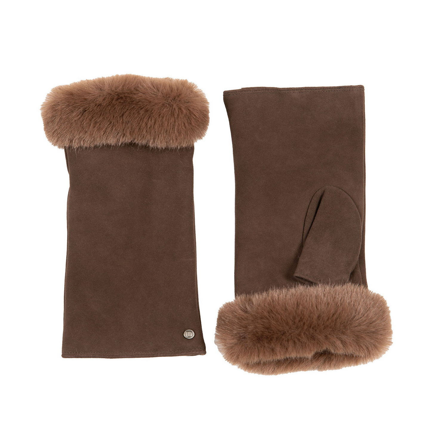Dents Womens Fingerless Faux Fur-Lined Suede Mitten Gloves w/ Faux Fur Trim in Mocca