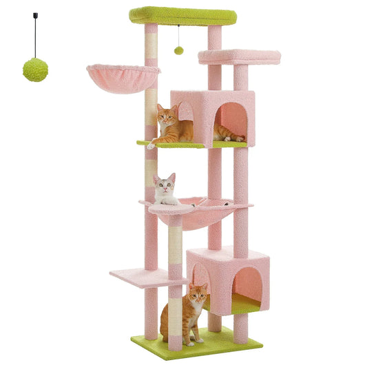 7 Level Cat Tree Tower Scratching Condo 175cm - Pink/Green-0