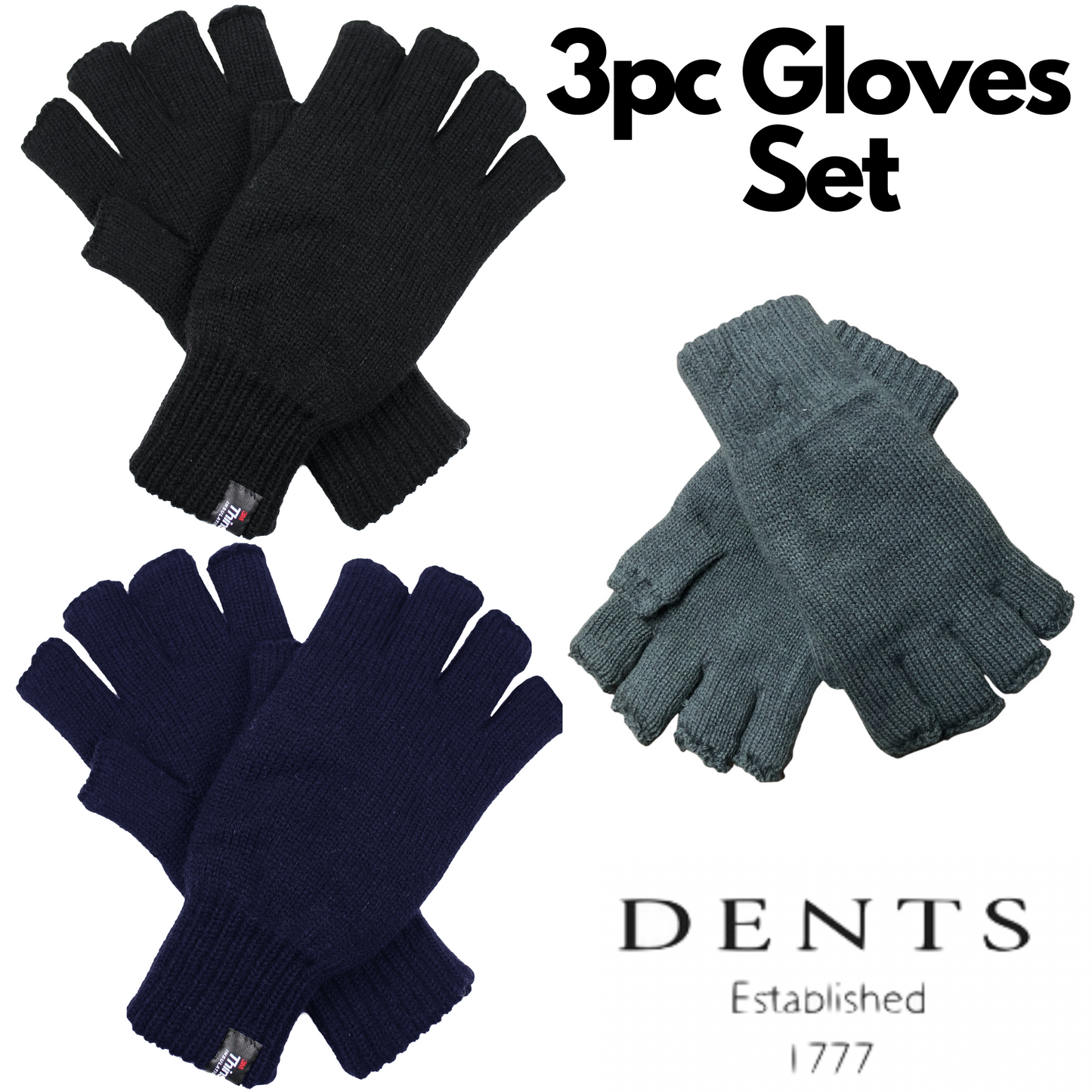 3x Dents Mens Thinsulate Knitted Fingerless Gloves Warm Winter Soft Insulation 3M