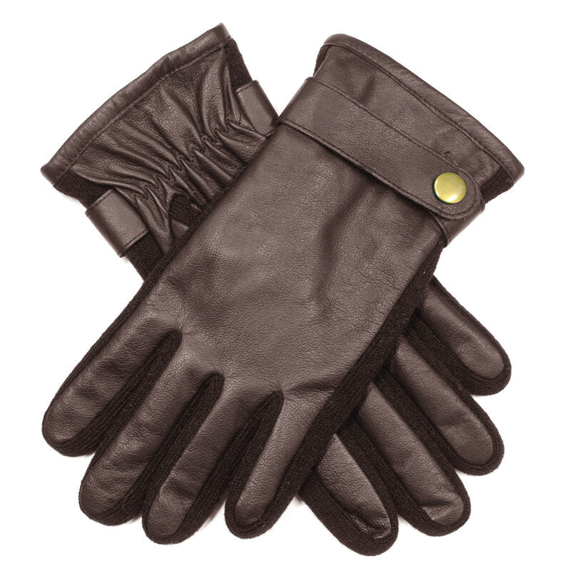 Mens Premium Kangaroo Leather Gloves Strap Stud Fastening Winter Warm - Brown