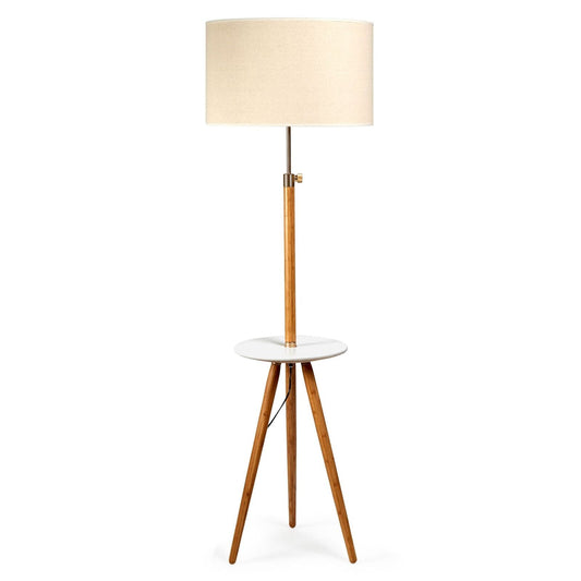 165cm Adjustable Bamboo Tripod Floor Lamp with Linen Shade & Built-In Table-0