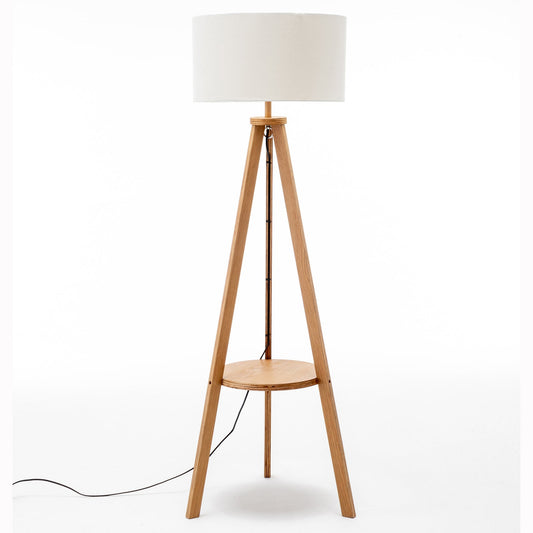 145cm Wooden Tripod Floor Lamp with Round Shelf & White Linen Shade - Natural-0