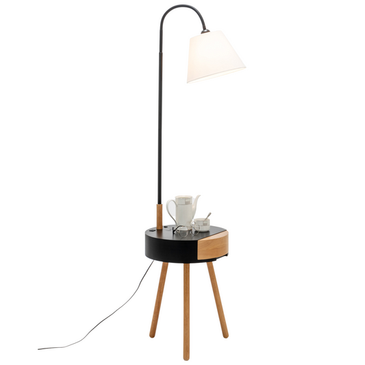 170cm Florence Wooden Tripod Lamp & Shelf/Table Storage w/ USB Charger - Natural/Black-0