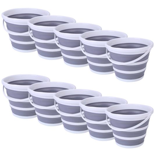 10x 10L Foldable Collapsible Bucket Silicone Hike/Camp/Fish Bulk - Grey/White-0