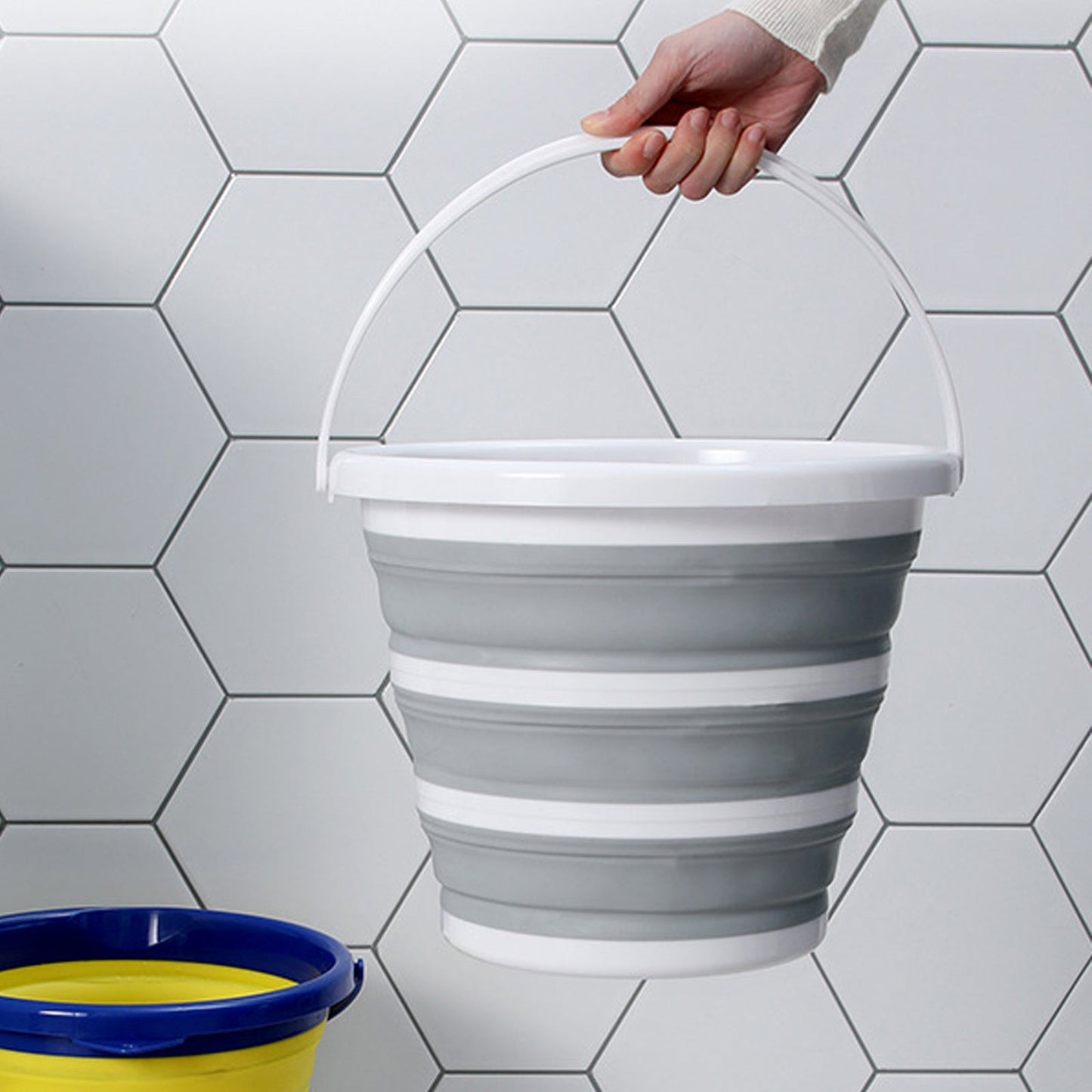 10x 10L Foldable Collapsible Bucket Silicone Hike/Camp/Fish Bulk - Grey/White-2